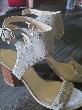 Nine West Taupe Suede Studded Block Heel Sandals